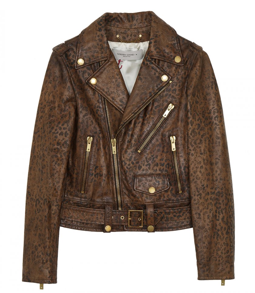 GOLDEN GOOSE  - DISTRESSED-TREATMENT LEATHER BIKER JACKET WITH ANIMAL PRINT
