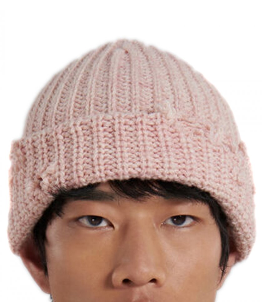 PINK RIBBED BEANIE WITH HAND-STITCHED LOGO