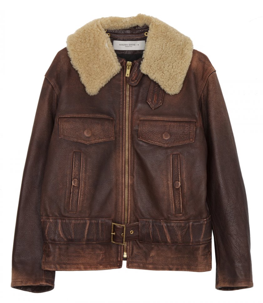 WOOD-COLORED JACKET WITH DETACHABLE SHEARLING COLLAR