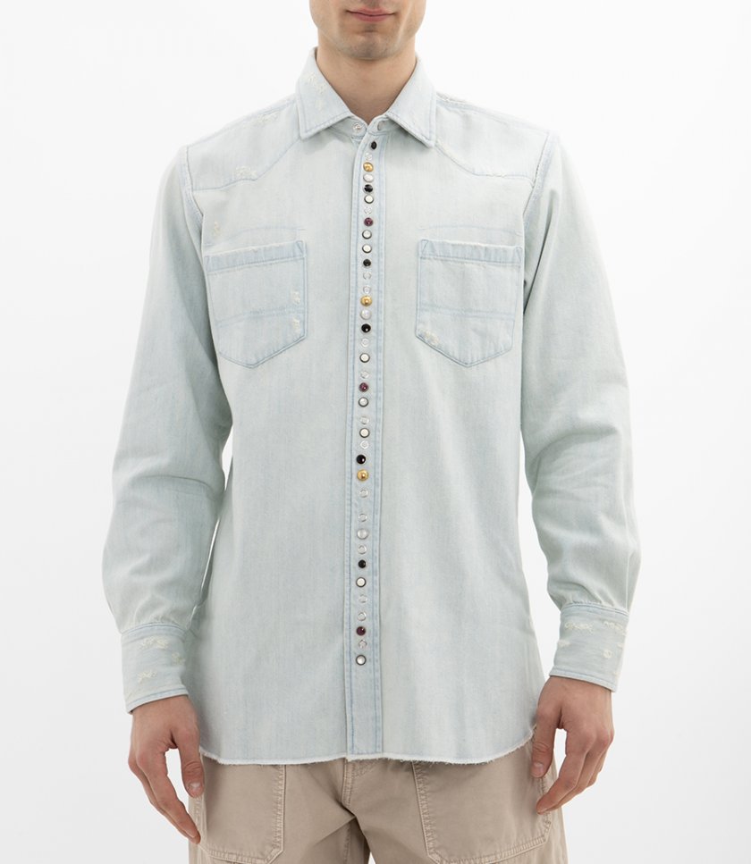 MEN'S BLEACHED DENIM SHIRT WITH HAMMERED STUDS