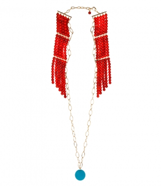 NECKLACES - ANA LONG NECKLACE FT CORAL RESIN AND BLUE ENAMEL
