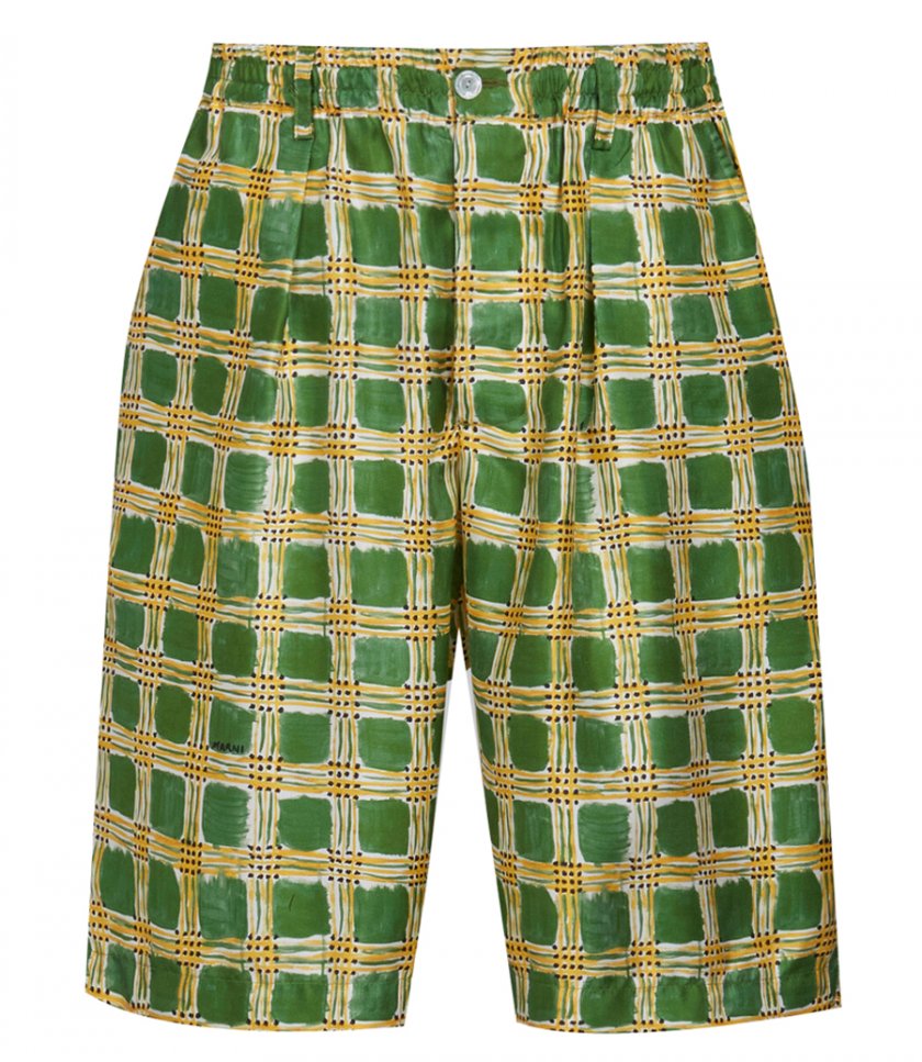 GREEN SILK TWILL SHORTS WITH CHECK FIELDS PRINT