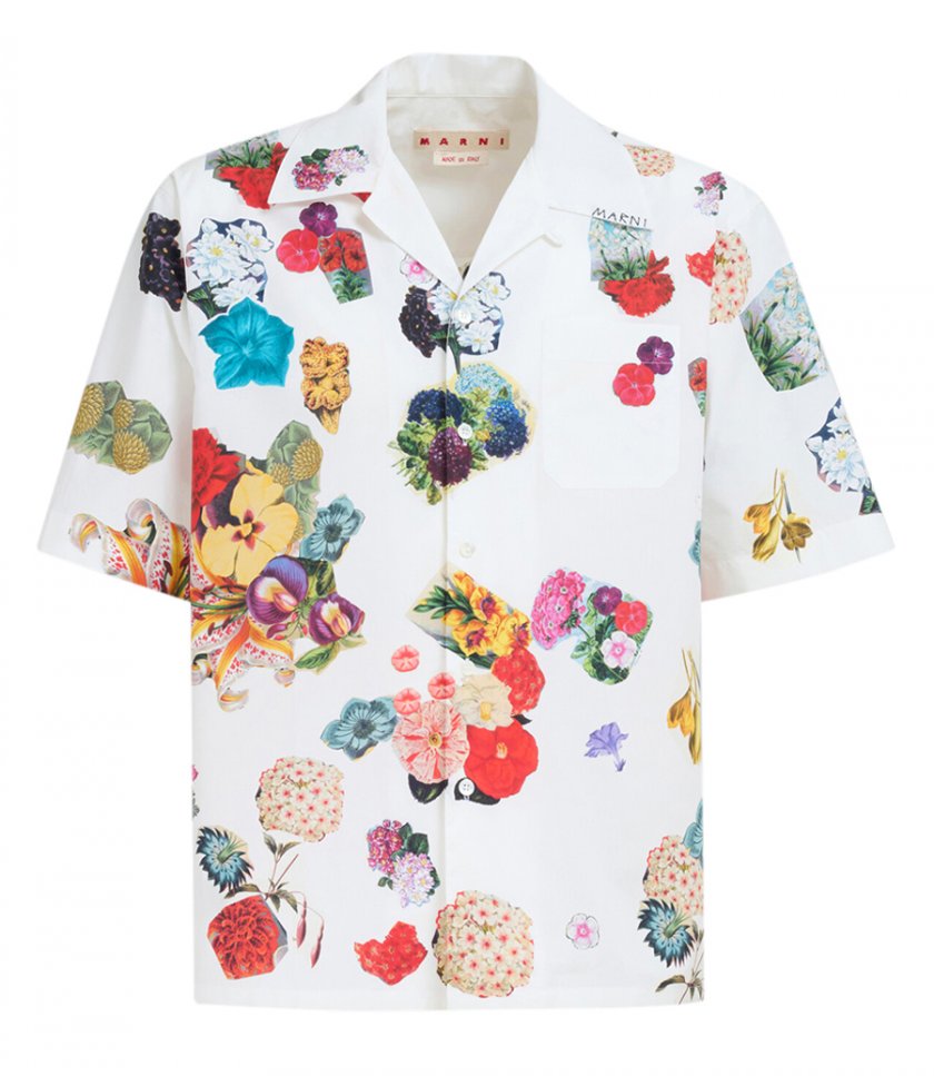 JUST IN - WHITE POPLIN BOWLING SHIRT WITH FLOWER PRINTS