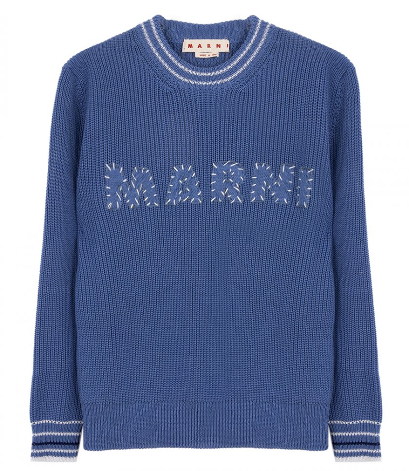 KNITWEAR - BLUE COTTON JUMPER WITH MARNI PATCHES