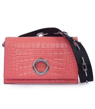 SALES - CROC EMBOSSED RIOT CONVERTIBLE CLUTCH IN FLUO CORAL WITH RHODIUM